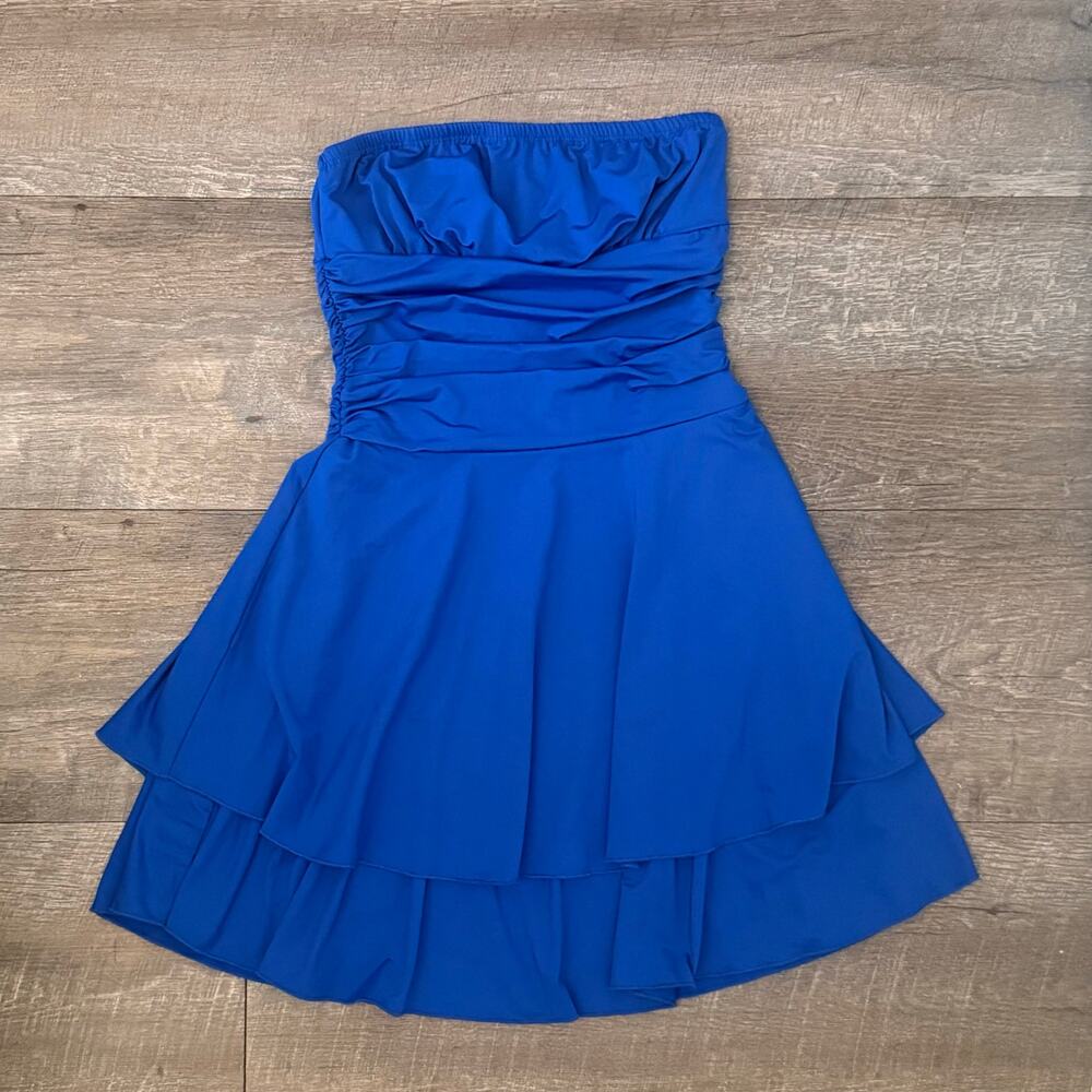 Blue Fit Strapless Tube Mini Dress Ruffles Gathered